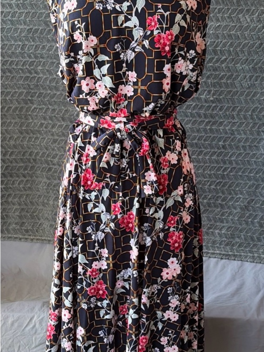 Charter Club Black Midi Dress with Pink Floral and Gold Lattice